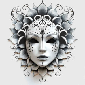 geometric-pattern-mask – tattoo design ideas free ai generated – neotraditional-refined-lines – for-upper-back – Gallery: masks-inkby-ai
