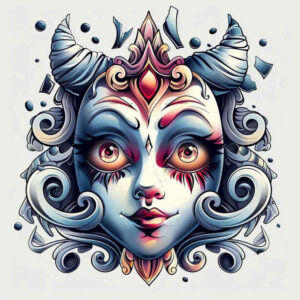 geometric-pattern-mask – tattoo design ideas free ai generated – neotraditional-rich-shading – for-nape – Gallery: masks-inkby-ai