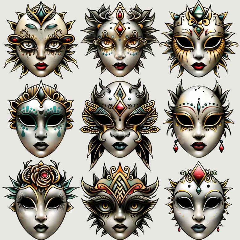 light-effect-mask – tattoo design ideas free ai generated – neotraditional-detailed-textures – for-knee – Gallery: masks-inkby-ai