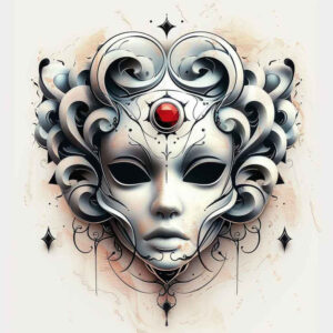 lined-mask – tattoo design ideas free ai generated – neotraditional-bold-highlights – for-lower-leg – Gallery: masks-inkby-ai
