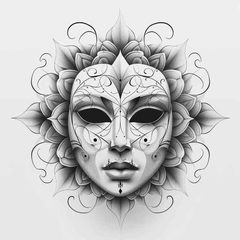 lined-mask – tattoo design ideas free ai generated – realism-skin-texture – for-chest – Gallery: masks-inkby-ai