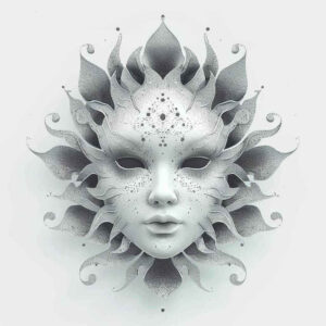 lined-mask – tattoo design ideas free ai generated – surrealism-disorienting – for-thigh – Gallery: masks-inkby-ai
