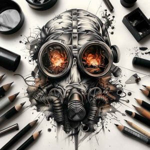 lined-mask – tattoo design ideas free ai generated – surrealism-enigmatic-visuals – for-knee – Gallery: masks-inkby-ai