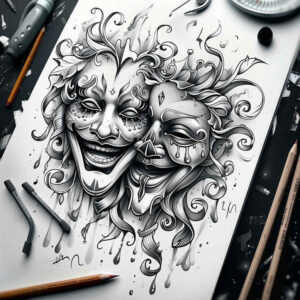mask-in-motion – tattoo design ideas free ai generated – neotraditional-artistic-flair – for-hand – Gallery: masks-inkby-ai