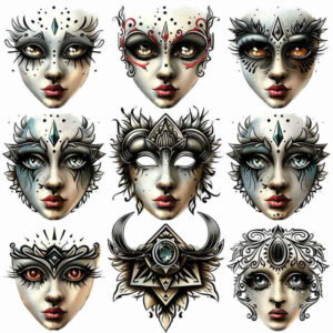 mask-in-motion – tattoo design ideas free ai generated – realism-fine-lines – for-neck – Gallery: masks-inkby-ai