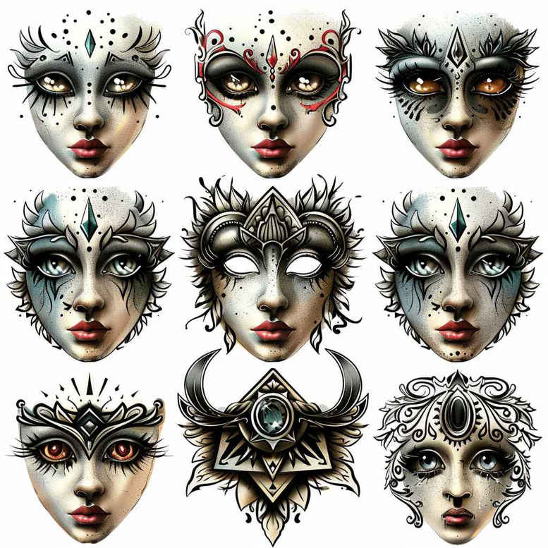 mask-in-motion – tattoo design ideas free ai generated – realism-fine-lines – for-neck – Gallery: masks-inkby-ai