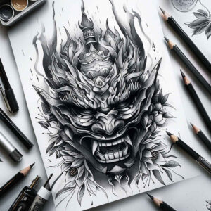 mask-in-motion – tattoo design ideas free ai generated – surrealism-abstract – for-upper-thigh – Gallery: masks-inkby-ai