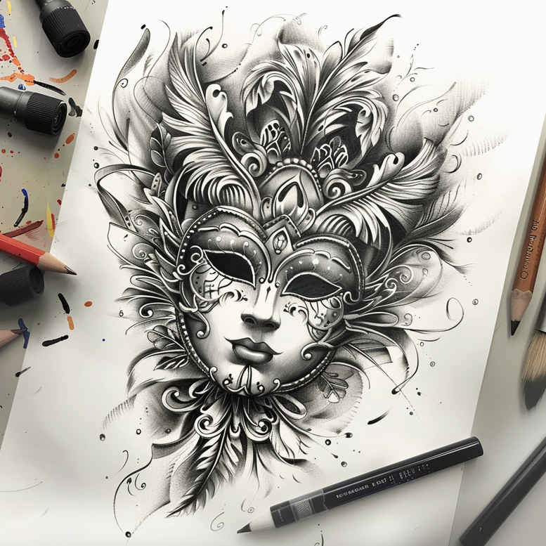 mask-tattoo – tattoo design ideas free ai generated – surrealism-dynamic-shapes – for-side – Gallery: masks-inkby-ai