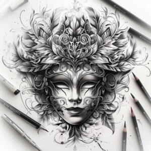 masks – tattoo design ideas free ai generated – neotraditional-intricate-shading – for-elbow – Gallery: masks-inkby-ai
