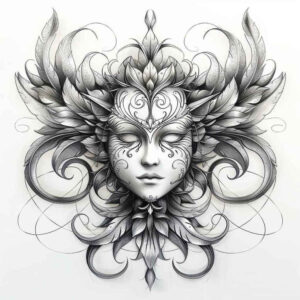 masks – tattoo design ideas free ai generated – neotraditional-refined-lines – for-thigh – Gallery: masks-inkby-ai