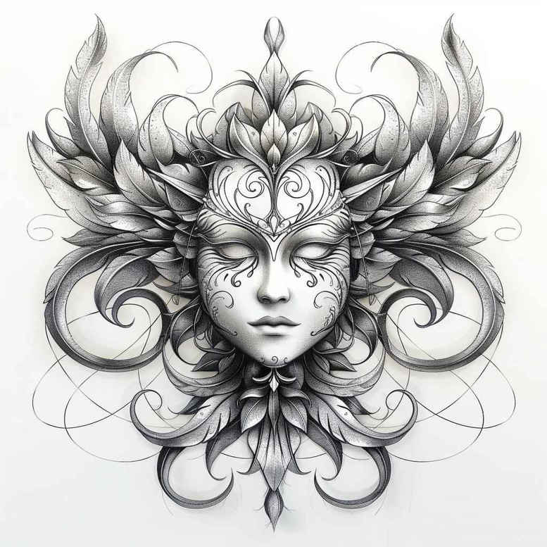 masks – tattoo design ideas free ai generated – neotraditional-refined-lines – for-thigh – Gallery: masks-inkby-ai
