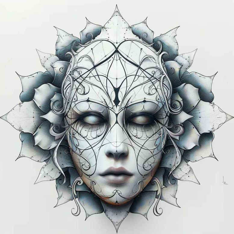 masks – tattoo design ideas free ai generated – surrealism-unreal-light – for-lower-leg – Gallery: masks-inkby-ai