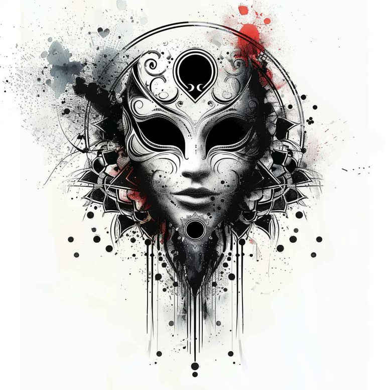 modern-mask – tattoo design ideas free ai generated – realism-high-contrast – for-lower-arm – Gallery: masks-inkby-ai