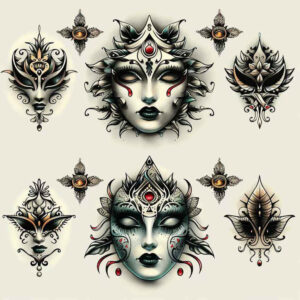 mysterious-mask – tattoo design ideas free ai generated – neotraditional-gradient-fills – for-biceps – Gallery: masks-inkby-ai