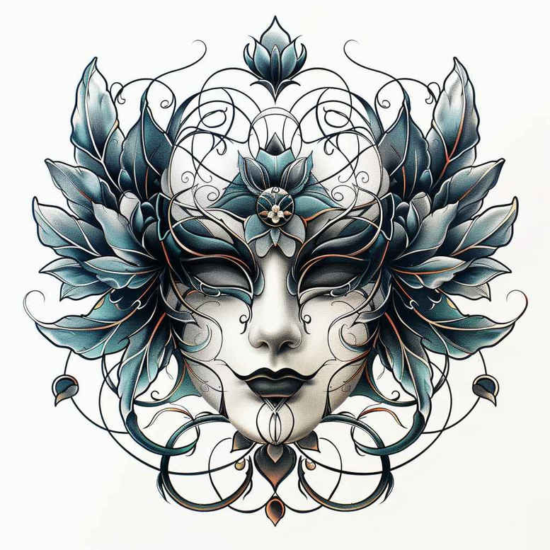 nature-motif-mask – tattoo design ideas free ai generated – neotraditional-subtle-tone – for-hip – Gallery: masks-inkby-ai