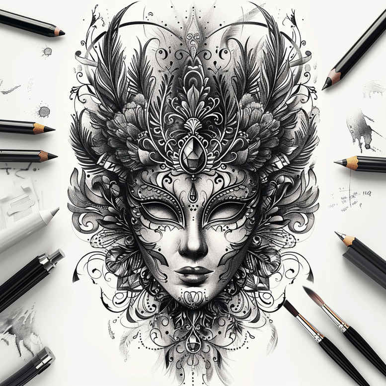 ornamental-detail-mask – tattoo design ideas free ai generated – neotraditional-strong-contrast – for-ribs – Gallery: masks-inkby-ai