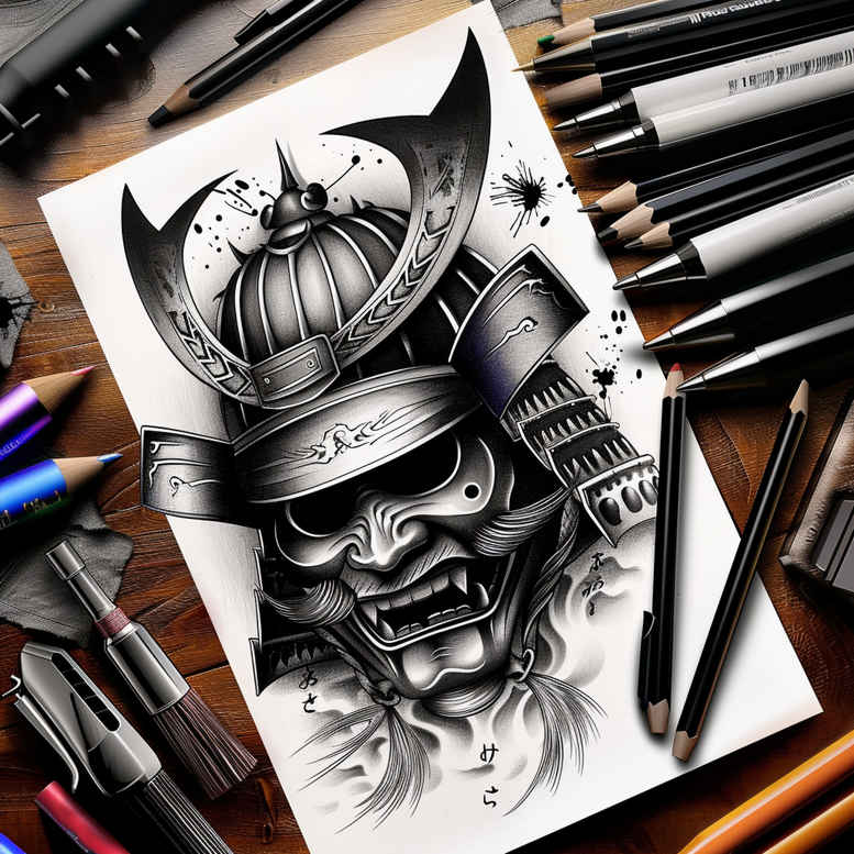 ornamented-mask – tattoo design ideas free ai generated – neotraditional-artistic-contrast – for-neck – Gallery: masks-inkby-ai