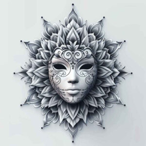 ornamented-mask – tattoo design ideas free ai generated – neotraditional-rich-shading – for-collarbone – Gallery: masks-inkby-ai