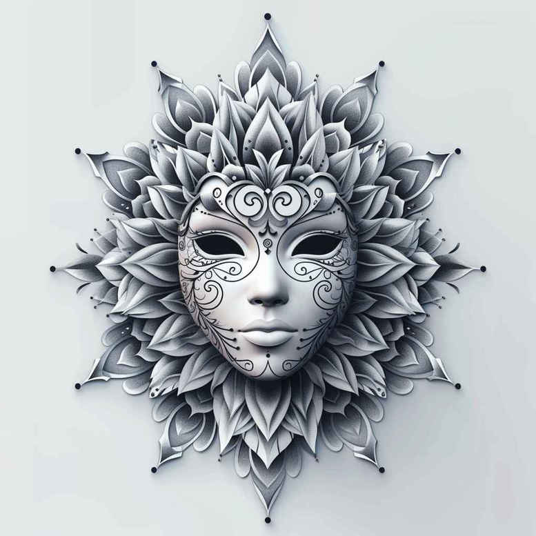 ornamented-mask – tattoo design ideas free ai generated – neotraditional-rich-shading – for-collarbone – Gallery: masks-inkby-ai