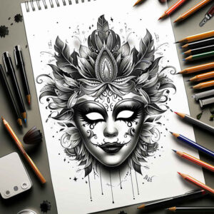 ornamented-mask – tattoo design ideas free ai generated – realism-light-play – for-outer-arm – Gallery: masks-inkby-ai