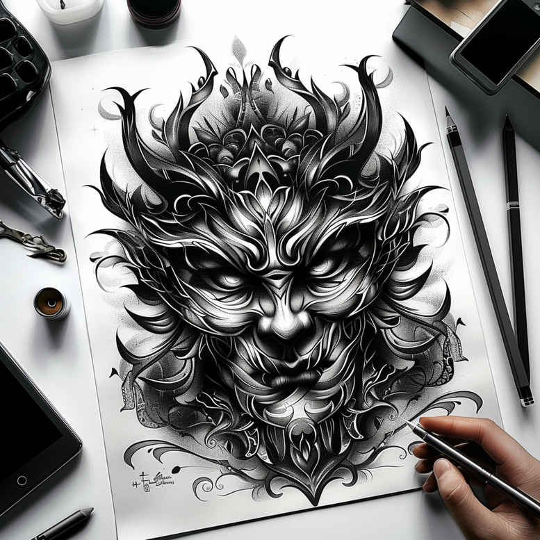 ornamented-mask – tattoo design ideas free ai generated – realism-tactile-shading – for-wrist – Gallery: masks-inkby-ai