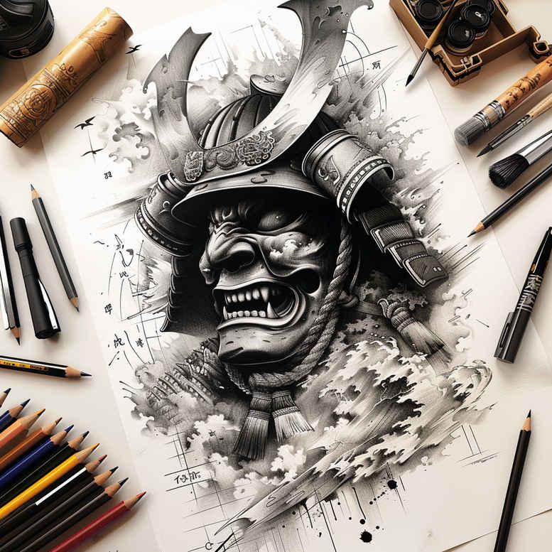 powerful-mask – tattoo design ideas free ai generated – neotraditional-clean-lines – for-collarbone – Gallery: masks-inkby-ai