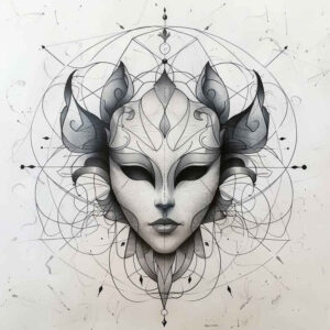powerful-mask – tattoo design ideas free ai generated – neotraditional-color-blending – for-collarbone – Gallery: masks-inkby-ai