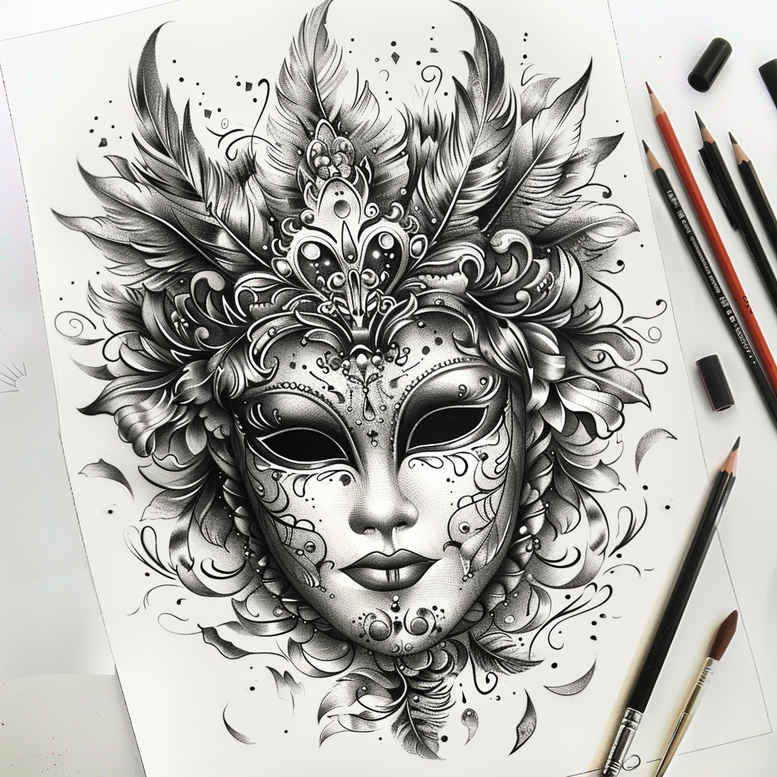 powerful-mask – tattoo design ideas free ai generated – realism-soft-highlights – for-collarbone – Gallery: masks-inkby-ai