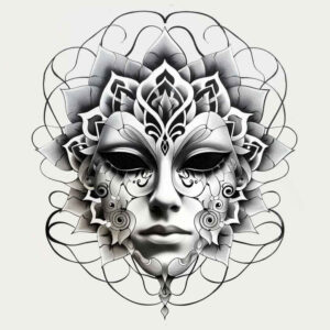 powerful-mask – tattoo design ideas free ai generated – surrealism-mysterious – for-stomach – Gallery: masks-inkby-ai