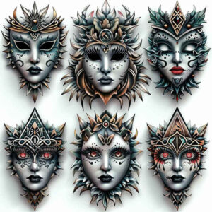 protection-symbol-mask – tattoo design ideas free ai generated – surrealism-ghostly-shapes – for-upper-shoulder – Gallery: masks-inkby-ai