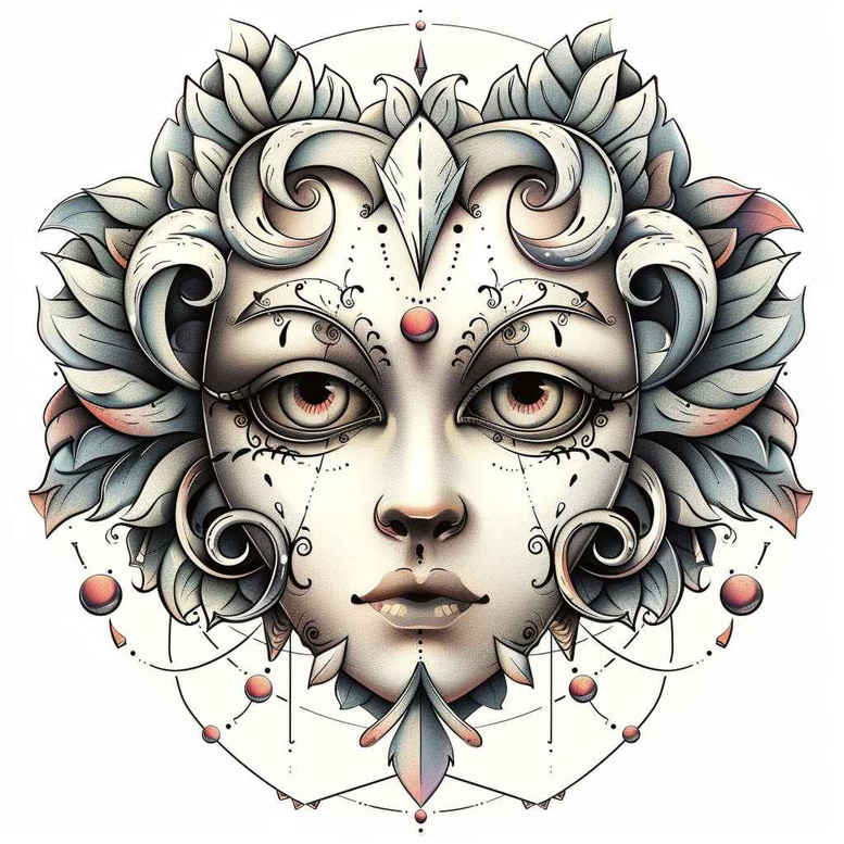 protection-symbol-mask – tattoo design ideas free ai generated – surrealism-vivid-hallucination – for-outer-arm – Gallery: masks-inkby-ai