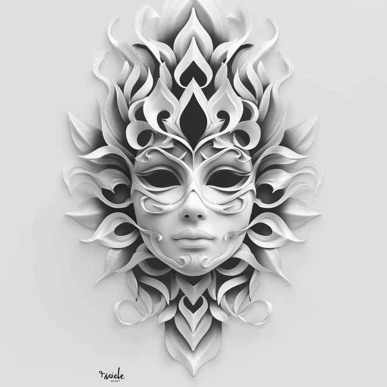 realistic-mask – tattoo design ideas free ai generated – neotraditional-clean-fill – for-stomach – Gallery: masks-inkby-ai