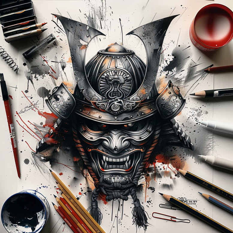 realistic-mask – tattoo design ideas free ai generated – neotraditional-sharp-contrast – for-outer-arm – Gallery: masks-inkby-ai