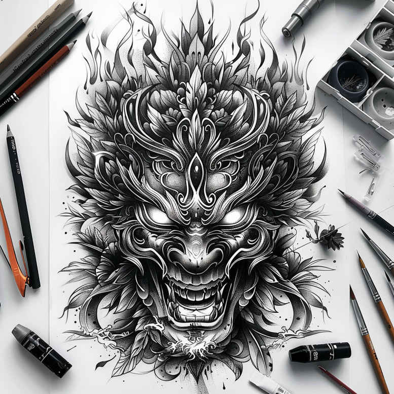 shaded-mask – tattoo design ideas free ai generated – neotraditional-refined-color-palette – for-spine – Gallery: masks-inkby-ai