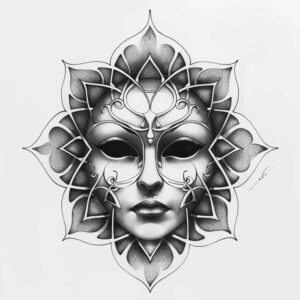 shaded-mask – tattoo design ideas free ai generated – realism-highlight-detail – for-lower-chest – Gallery: masks-inkby-ai