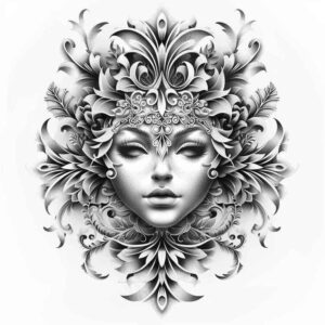 shadow-and-light-mask – tattoo design ideas free ai generated – surrealism-chromatic-flux – for-collarbone – Gallery: masks-inkby-ai