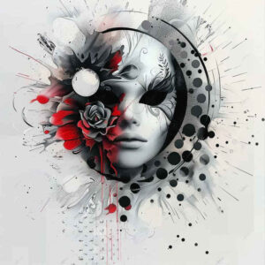 shadowed-mask – tattoo design ideas free ai generated – neotraditional-dynamic-color – for-lower-chest – Gallery: masks-inkby-ai