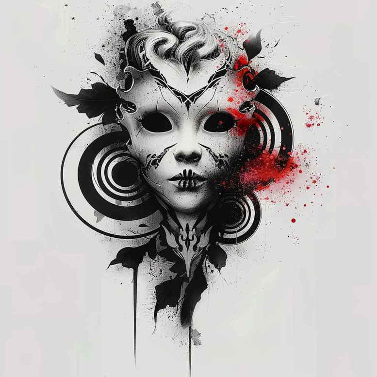 shadowed-mask – tattoo design ideas free ai generated – neotraditional-layered-fill – for-lower-arm – Gallery: masks-inkby-ai