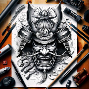 shadowed-mask – tattoo design ideas free ai generated – realism-gradient-tones – for-upper-chest – Gallery: masks-inkby-ai