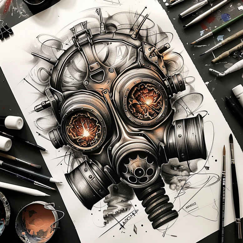 shadowed-mask – tattoo design ideas free ai generated – realism-natural-contours – for-upper-thigh – Gallery: masks-inkby-ai