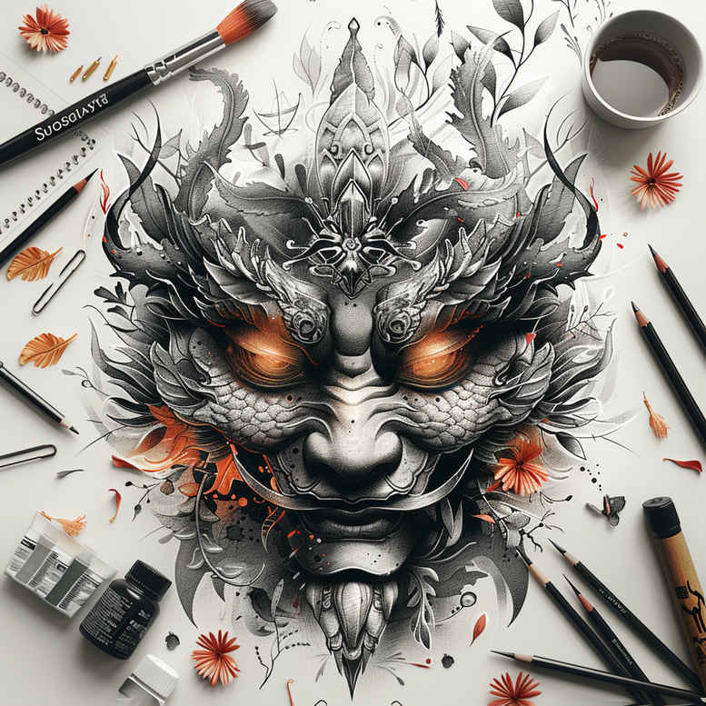 shadowed-mask – tattoo design ideas free ai generated – surrealism-morphic – for-inner-arm – Gallery: masks-inkby-ai