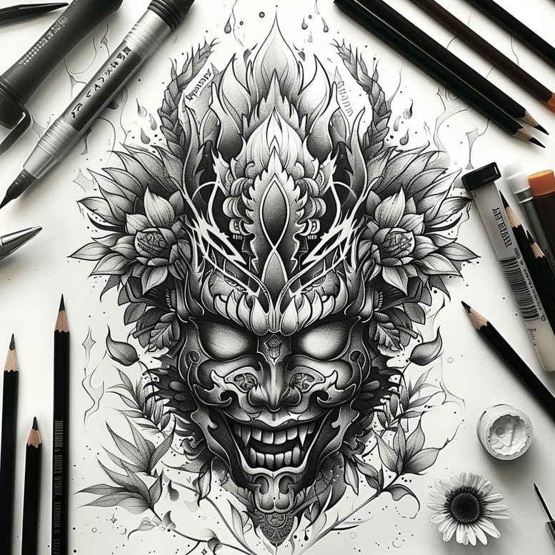 spiritual-mask – tattoo design ideas free ai generated – neotraditional-enhanced-color – for-forearm – Gallery: masks-inkby-ai