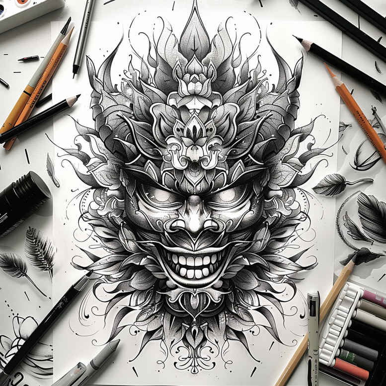 spiritual-mask – tattoo design ideas free ai generated – neotraditional-modern-classic – for-toe – Gallery: masks-inkby-ai