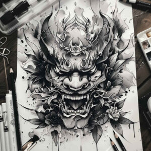 spiritual-mask – tattoo design ideas free ai generated – neotraditional-rich-blacks – for-lower-chest – Gallery: masks-inkby-ai