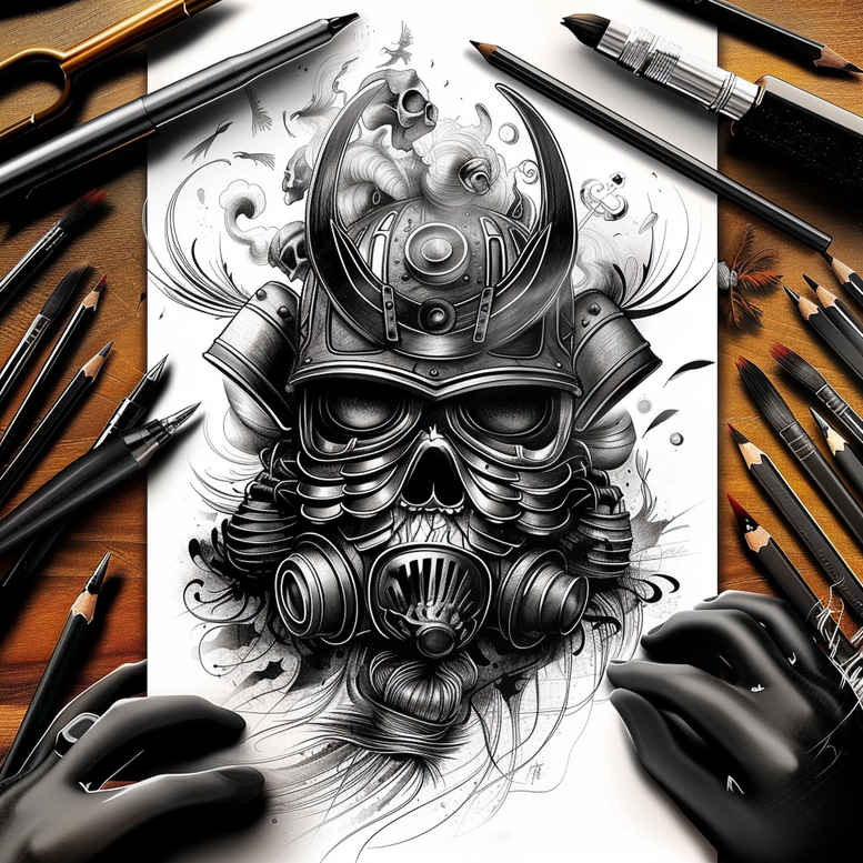 spiritual-mask – tattoo design ideas free ai generated – neotraditional-subtle-tone – for-lower-leg – Gallery: masks-inkby-ai