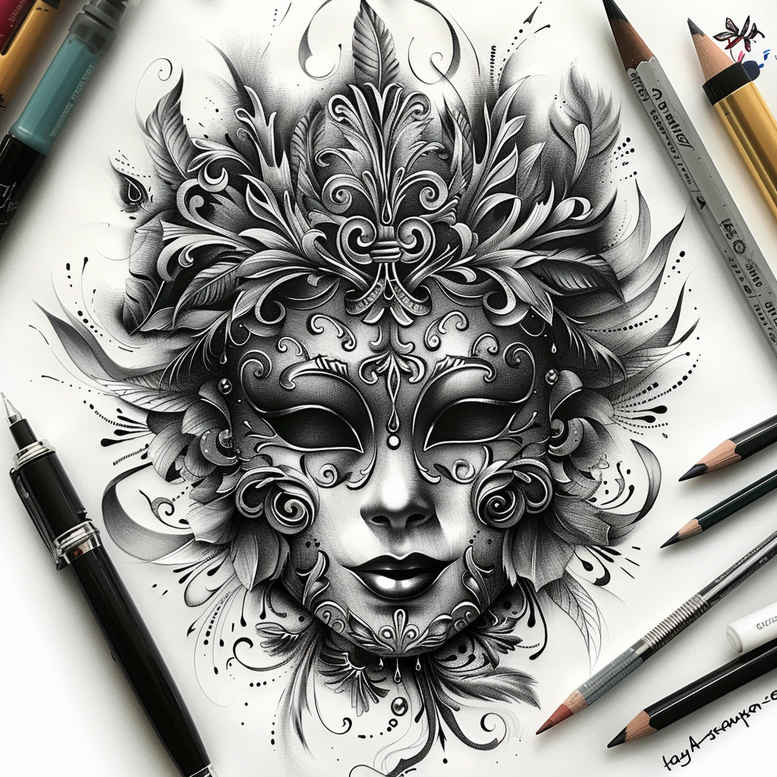 spiritual-mask – tattoo design ideas free ai generated – surrealism-morphic – for-back-of-neck – Gallery: masks-inkby-ai