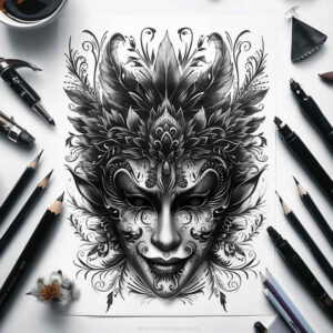 symbolic-mask – tattoo design ideas free ai generated – neotraditional-dynamic-color – for-lower-thigh – Gallery: masks-inkby-ai