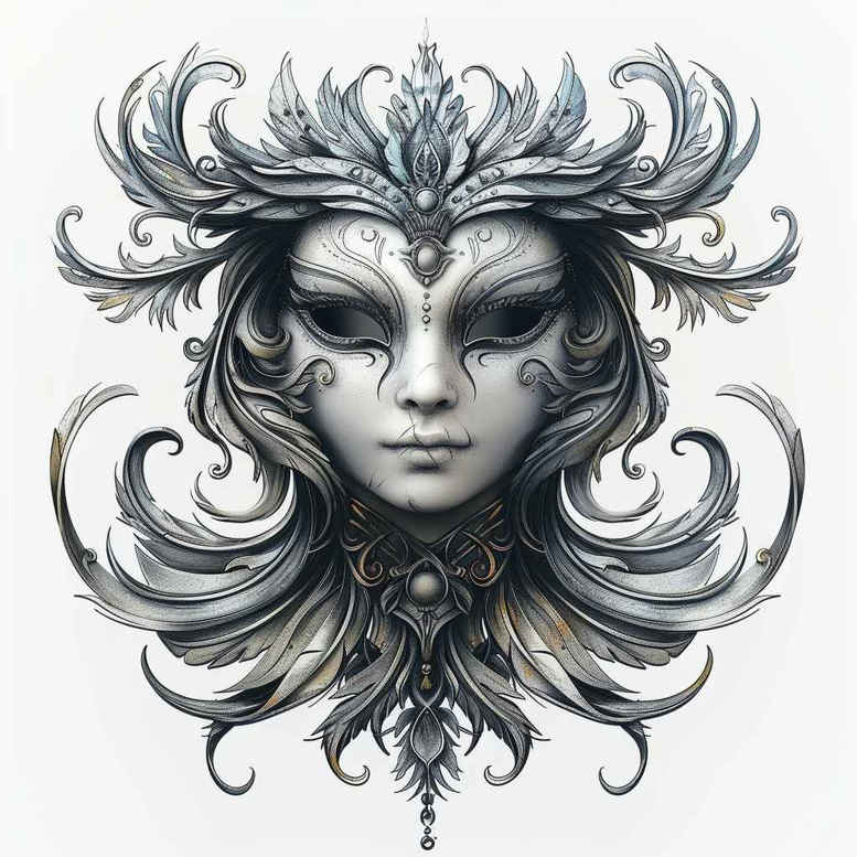 symbolic-mask – tattoo design ideas free ai generated – surrealism-dreamlike – for-outer-arm – Gallery: masks-inkby-ai