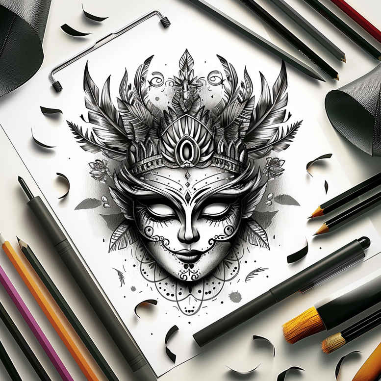 symbolic-meaning-mask – tattoo design ideas free ai generated – realism-subtle-saturation – for-upper-thigh – Gallery: masks-inkby-ai