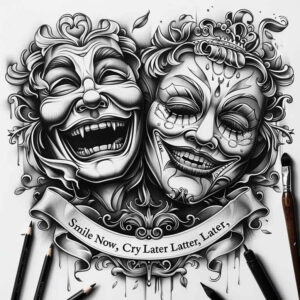 symbolic-meaning-mask – tattoo design ideas free ai generated – surrealism-fluid-forms – for-upper-arm – Gallery: masks-inkby-ai